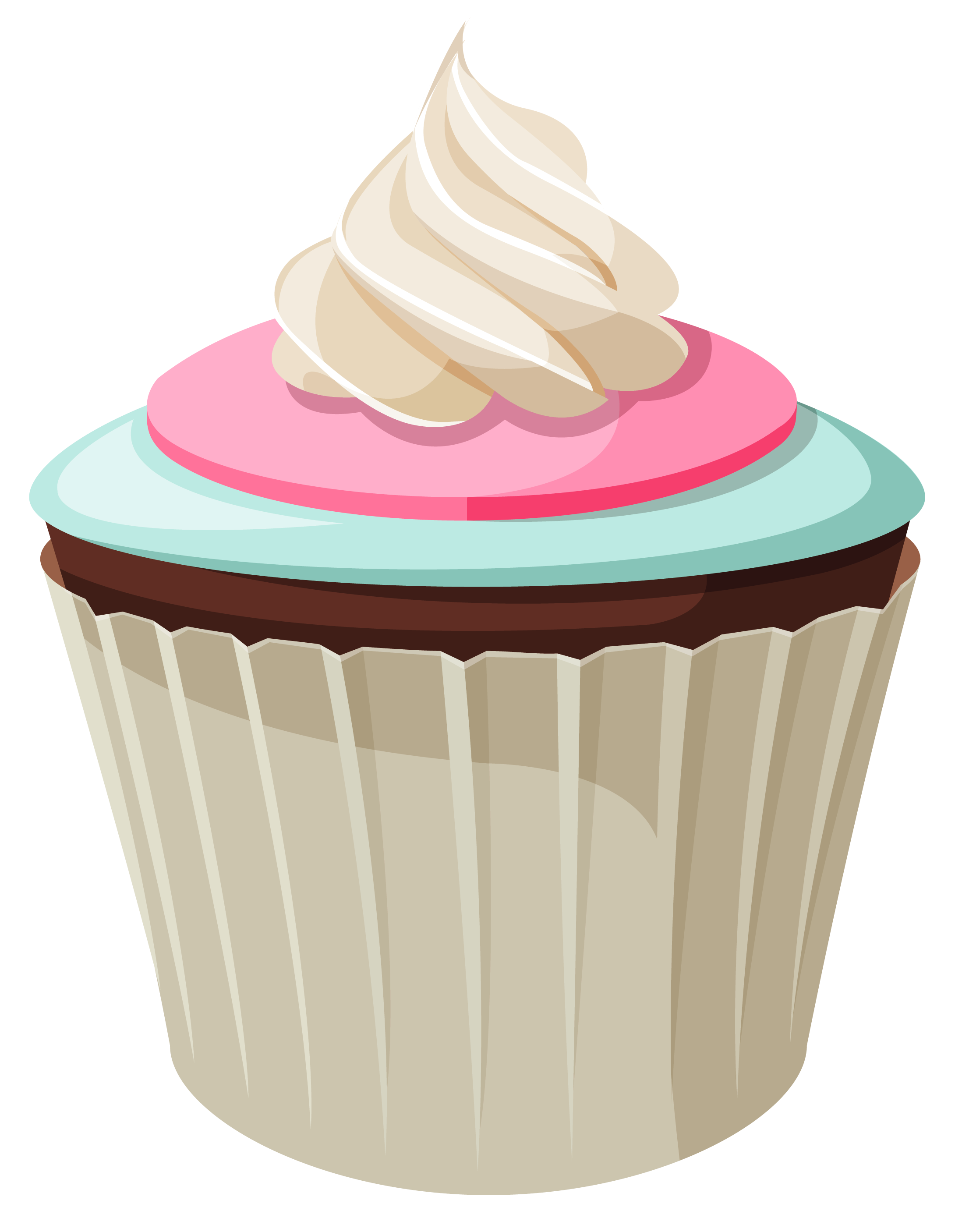 A colorful cupcake with chocolate base, mint and pink frosting layers, topped with swirls of creamy white icing in a beige paper liner.