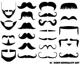 Collection of 20 black silhouette mustache and beard styles on white background, minimalist vector art.
