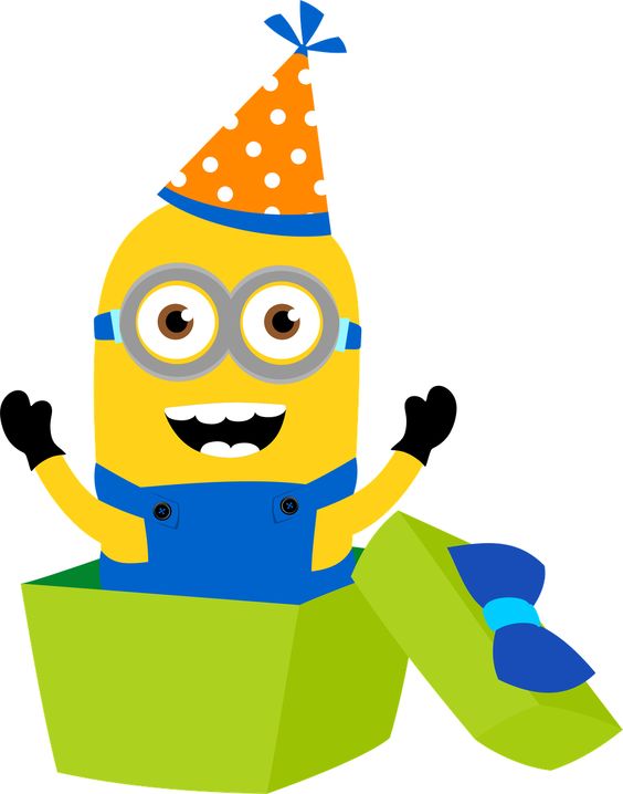 Happy Minion in party hat popping out of a green gift box, arms raised in celebration.