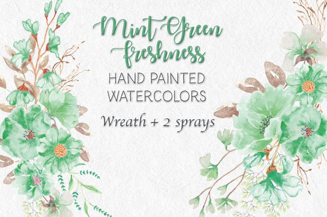 Hand-painted mint green watercolor floral wreath with two spray accents on textured paper background.