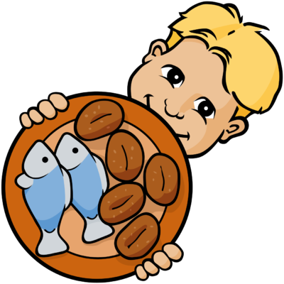 A smiling blond boy holds a plate with two blue fish and six brown loaves, referencing the biblical miracle of the loaves and fishes.