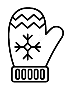 Black-and-white line drawing of a winter mitten with snowflake and zigzag pattern on cuff.