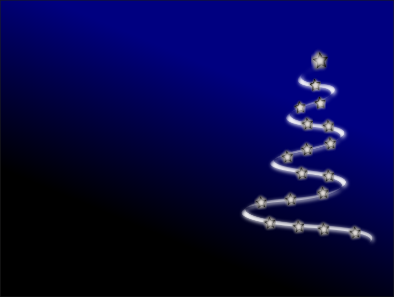 Stylized glowing white spiral Christmas tree with silver stars on a deep blue gradient background.