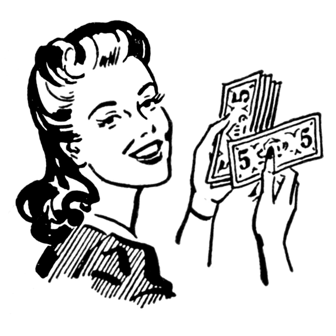 Vintage-style illustration of a smiling woman holding and counting five-dollar bills.