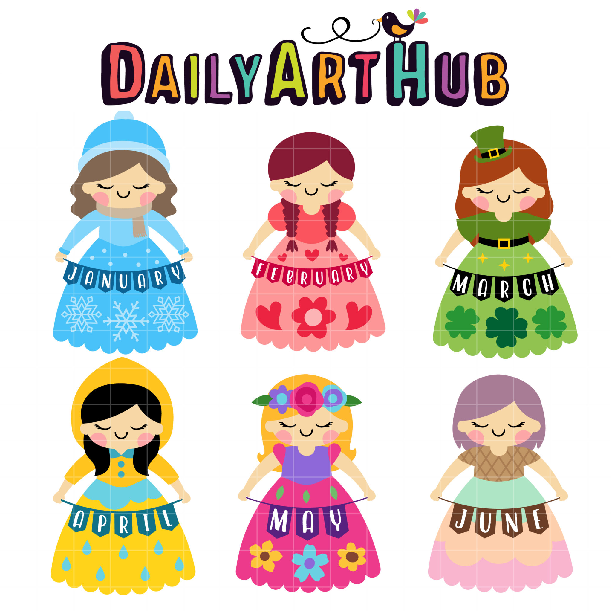 Six illustrated girls in themed dresses representing months January through June, each holding a banner with the month name.