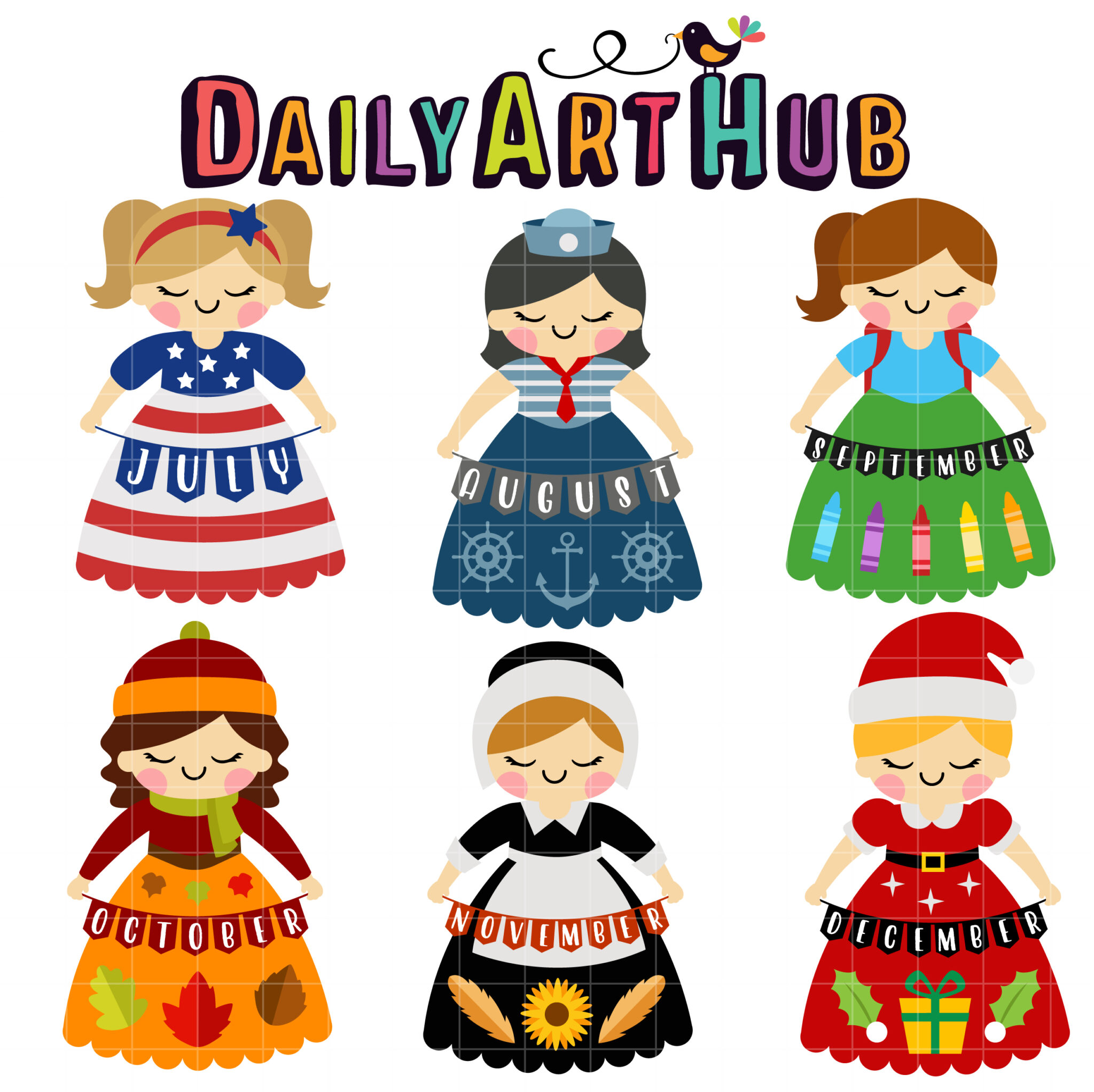 Six illustrated girls in themed outfits representing months July through December, each holding a banner with the month name.
