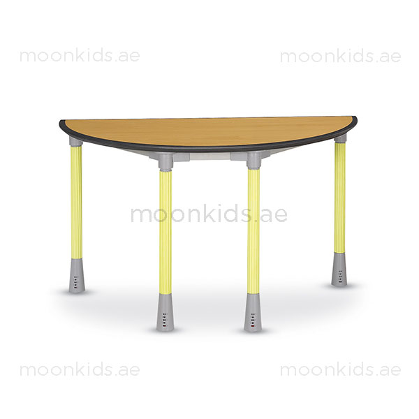 Semi-circular children's activity table with light wood top and four yellow adjustable legs, ideal for classrooms or playrooms.