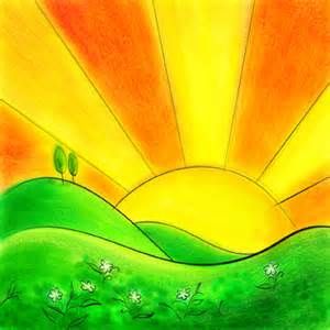 Vibrant sunrise over green rolling hills with white flowers and two trees, rendered in warm, expressive colors.