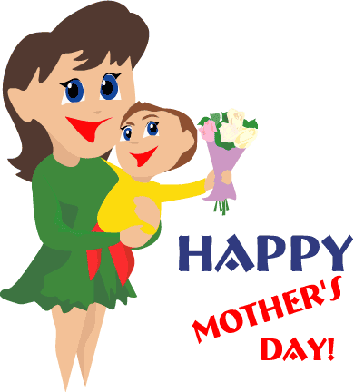 A smiling mother in a green dress holds her child, who offers a bouquet of white flowers; "Happy Mother's Day!" text appears beside them.