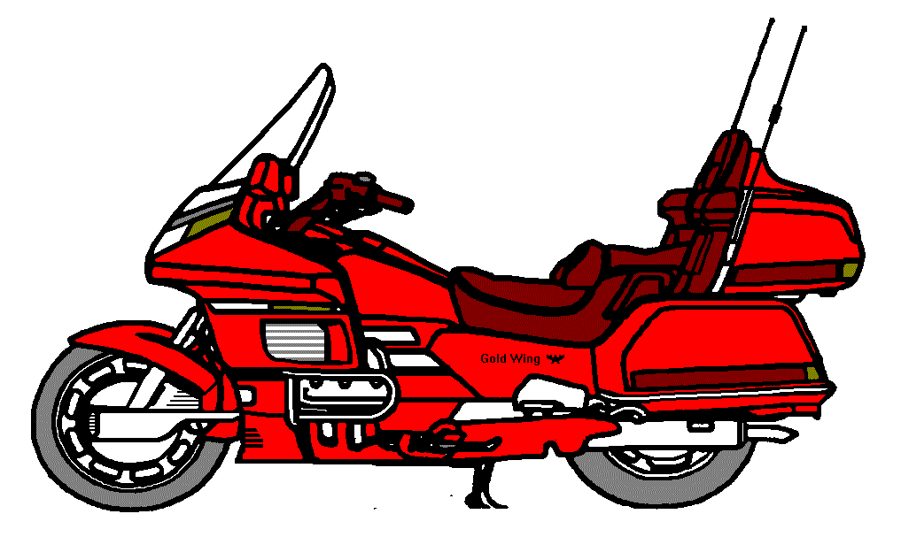 Red Honda Gold Wing touring motorcycle with fairing, windshield, dual seats, and luggage compartments.