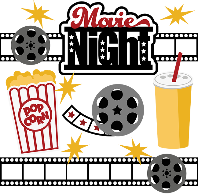 Movie Night graphic with popcorn, film reels, soda, and film strip border in black, yellow, red, and white.
