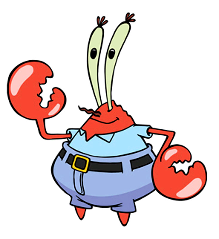 Mr. Krabs, a red cartoon crab with large claws, wearing a blue shirt and pants, smiling confidently.