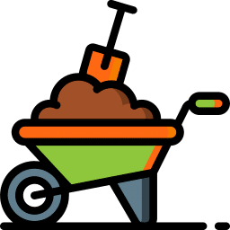 Colorful cartoon wheelbarrow filled with soil and a shovel, representing gardening or construction work.
