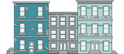 Illustration of three colorful townhouses in a row-blue, gray, and teal-with classic architectural details like windows, doors, and brick accents.
