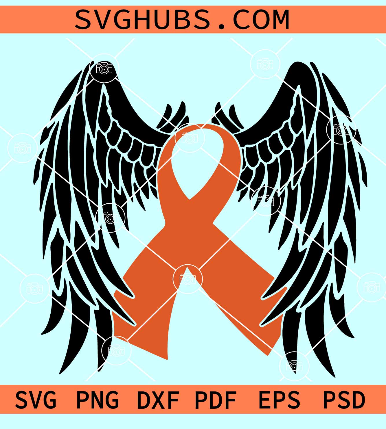 Orange awareness ribbon flanked by black angel wings on light blue background.
