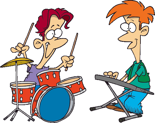 Cartoon drummer with red hair and keyboardist with orange hair performing together on black background.