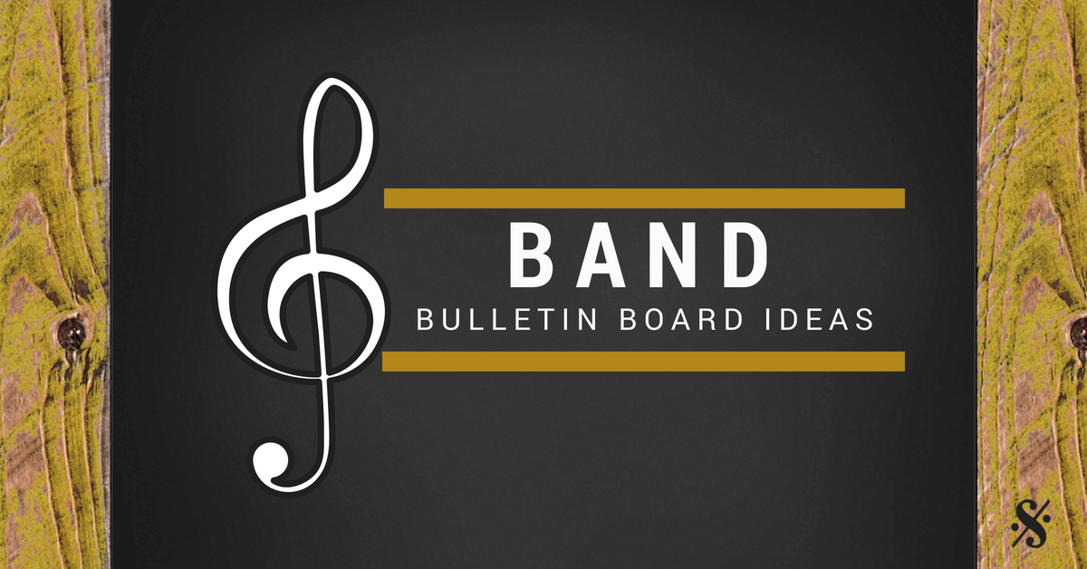 Treble clef icon with "Band Bulletin Board Ideas" text on dark background flanked by wooden textures.