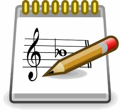A pencil rests on a notepad with a musical staff, treble clef, and note-symbolizing music composition or learning.