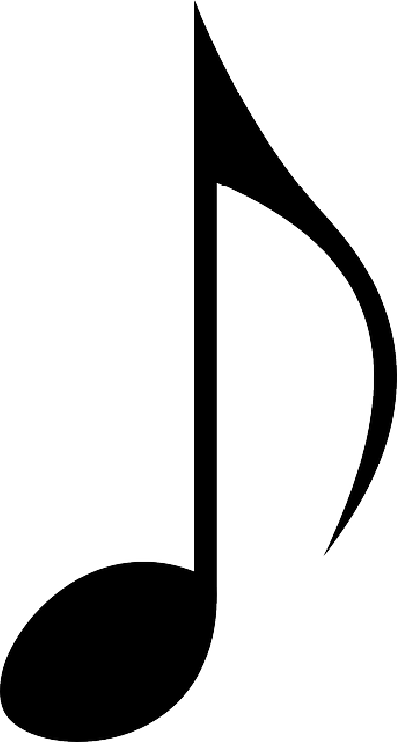 Black eighth musical note on white background, symbolizing rhythm and melody in music notation.