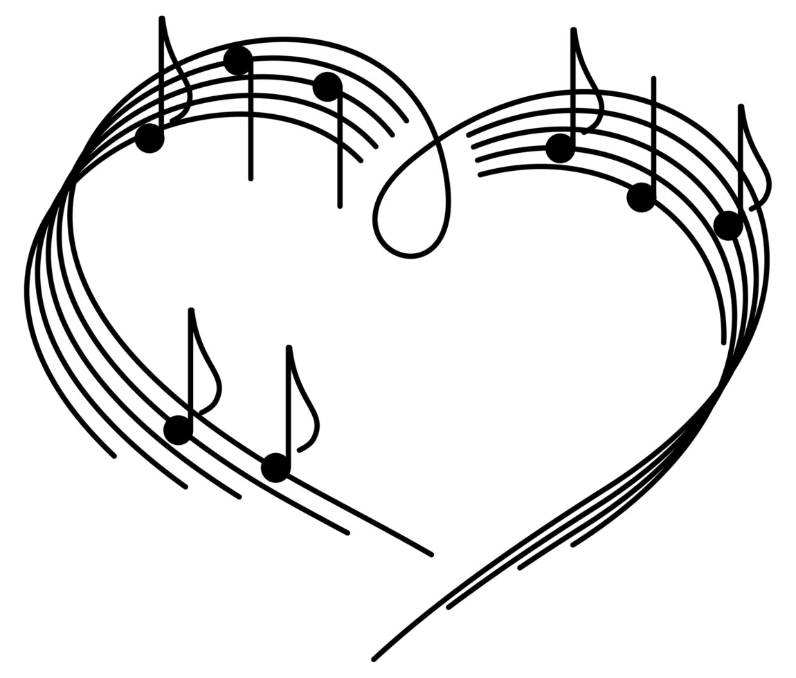 Heart-shaped musical staff with flowing notes and clefs, symbolizing love for music.