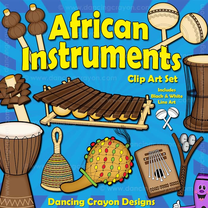 Colorful clip art set of traditional African instruments including djembe, mbira, shekere, marimba, and shakers.