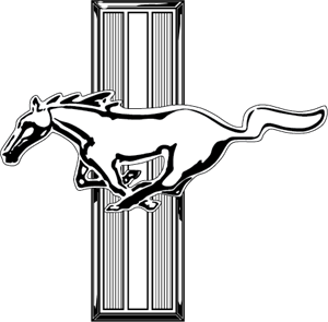 White galloping horse logo on green background with black vertical bars, iconic Ford Mustang emblem.