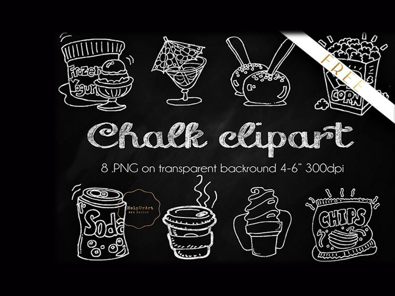 Chalk-style food clipart set including frozen yogurt, cocktail, popcorn, soda, coffee, ice cream, and chips on blackboard background.