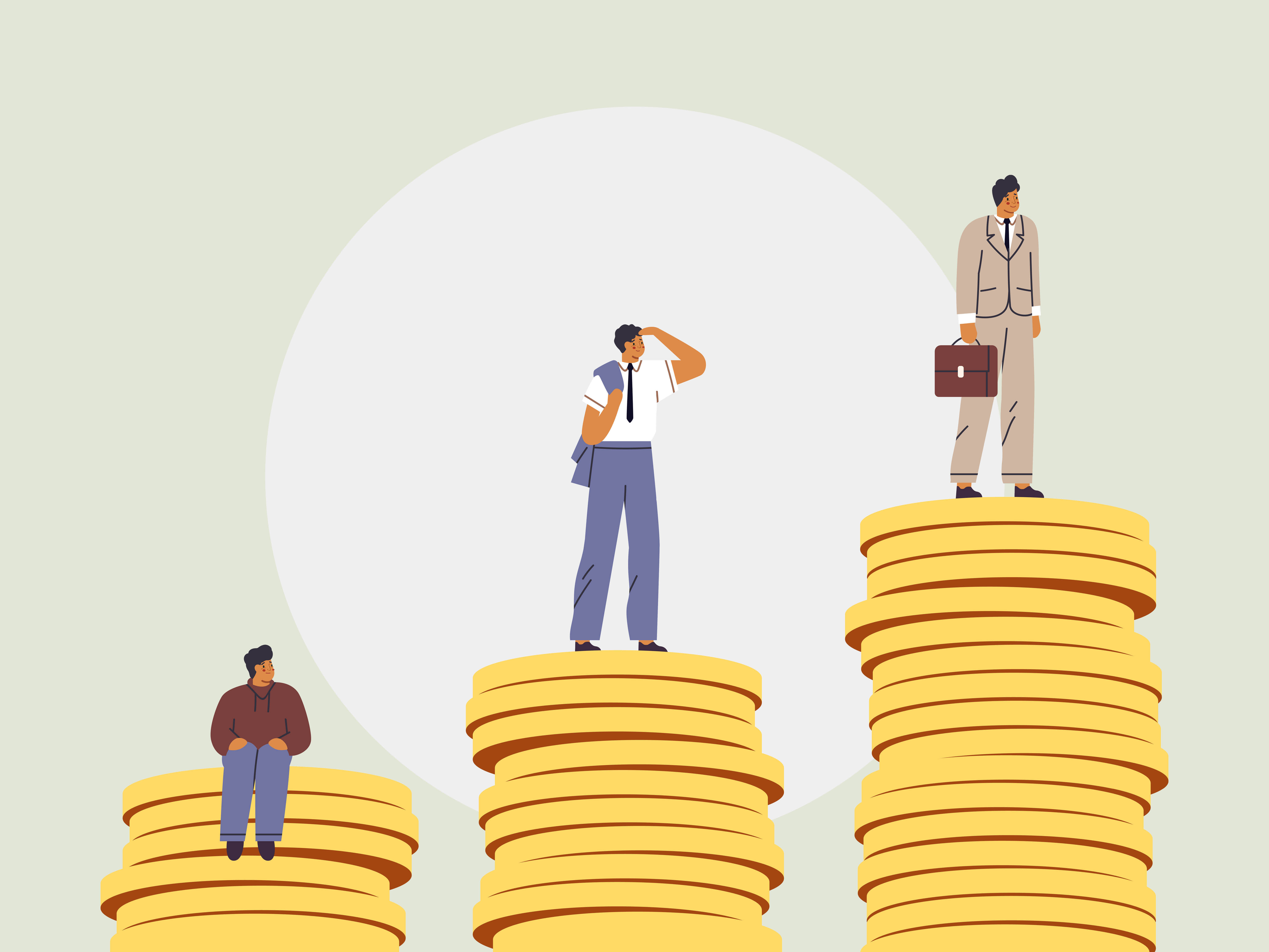 Three people on stacks of gold coins of varying heights, symbolizing income or wealth inequality.