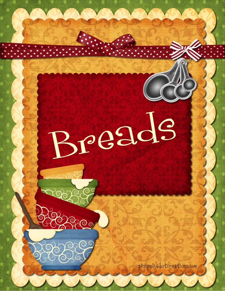 Vintage-style "Breads" recipe cover with stacked bowls, measuring spoons, and decorative ribbons.