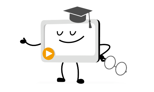 Smiling tablet character wearing graduation cap, holding glasses and play button, symbolizing online education.