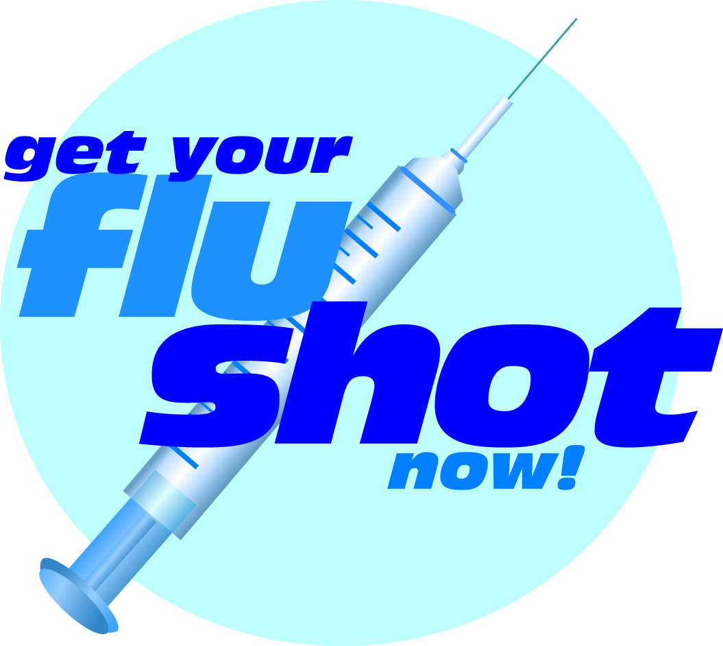 Blue syringe graphic with bold text "get your flu shot now!" on light blue circular background.