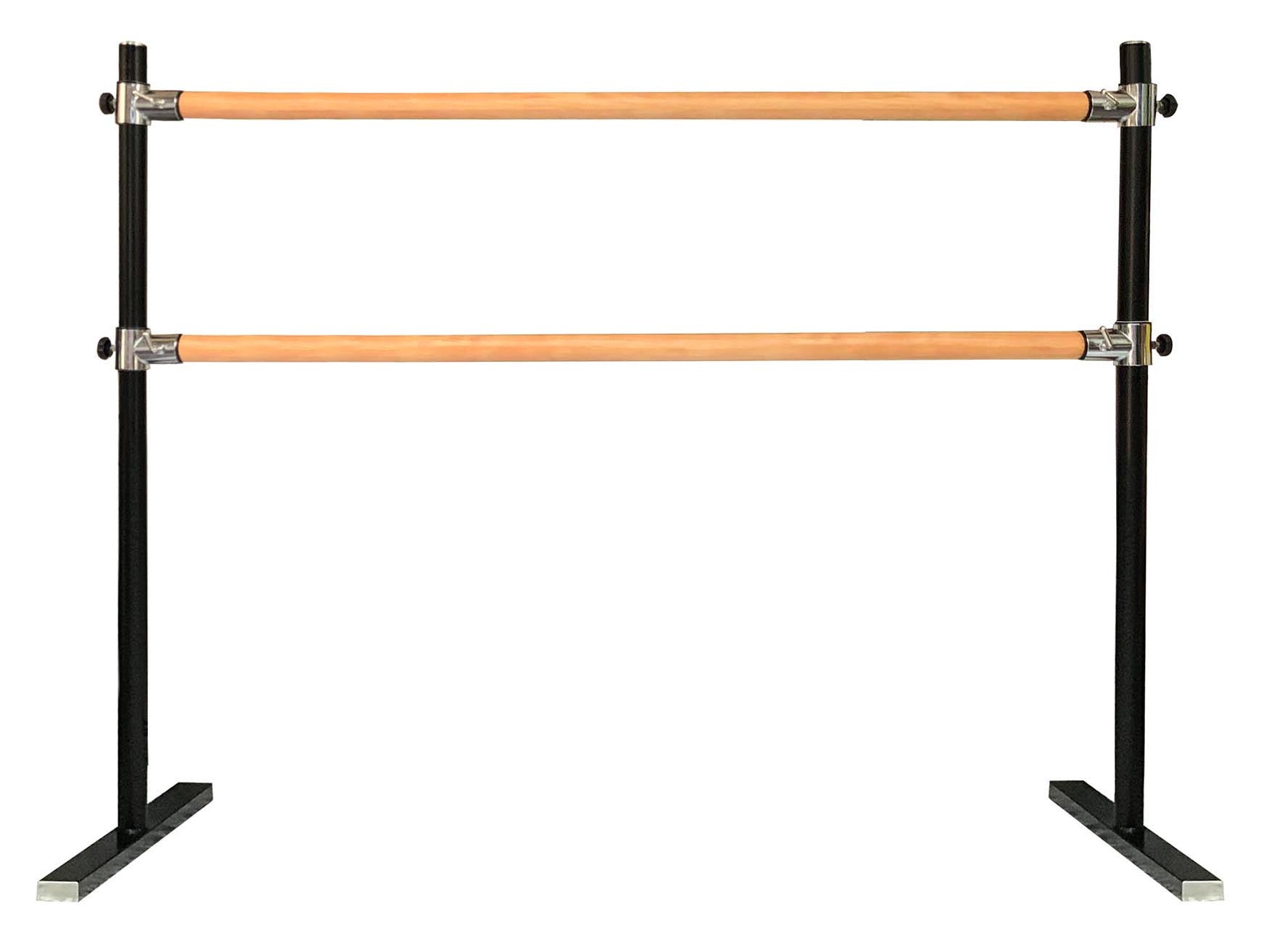 Double-height portable ballet barre with black metal frame and wooden rails, adjustable height with clamps.