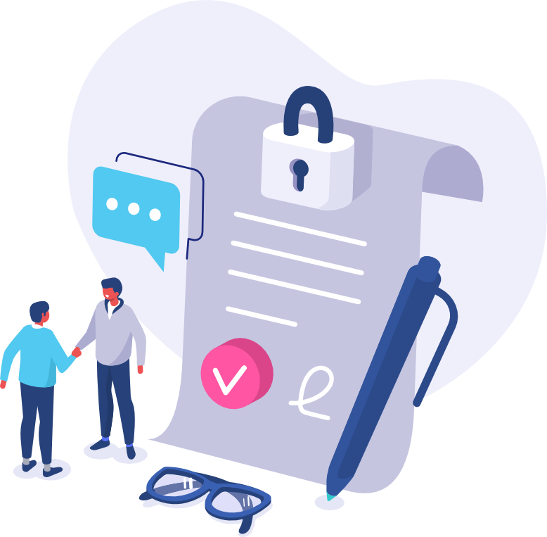 Two people shaking hands beside a secured digital document with lock, checkmark, pen, and speech bubble.