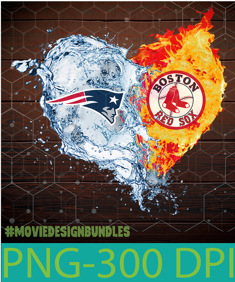 Boston Patriots and Red Sox logos split in a heart shape-water vs fire-on hexagonal wood background with PNG-300 DPI label.