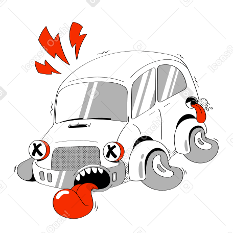 Cartoon car with angry face, red tongue, X eyes, and lightning bolts indicating breakdown or crash.