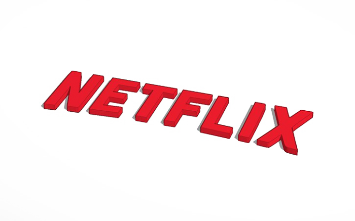 Netflix logo in bold red 3D letters on a black oval background with pixelated edges.