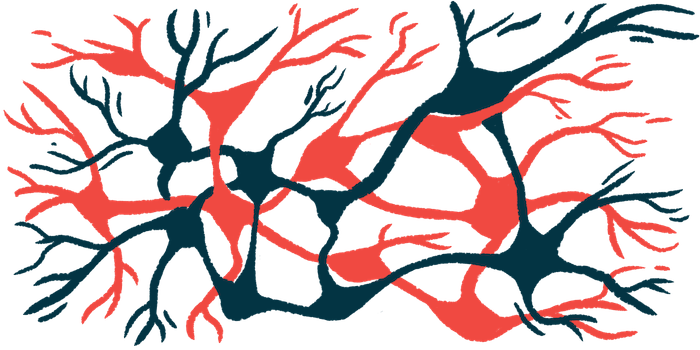 Interconnected red and blue neuron-like structures forming a neural network pattern on black background.