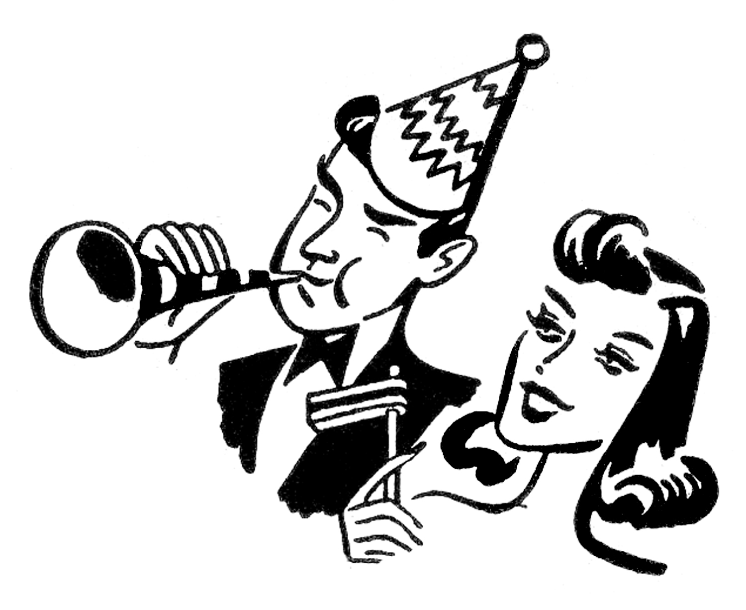 Vintage-style illustration of a man in a party hat blowing a horn beside a smiling woman.