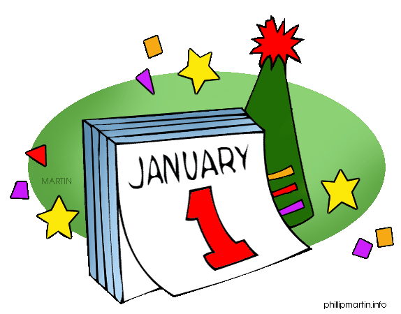 Calendar showing January 1 with party hat, stars, and confetti celebrating New Year’s Day.