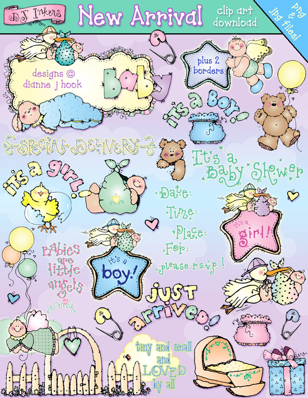 Cute baby shower clip art set with "It's a Boy!" and "It's a Girl!" themes, teddy bears, angels, balloons, and decorative borders.