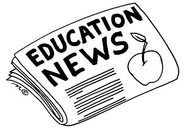 Black-and-white line drawing of a folded newspaper titled "EDUCATION NEWS" with an apple icon on the front page.
