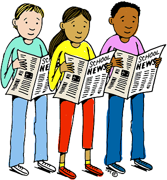 Three diverse students reading "School News" newspapers, smiling and engaged in learning.