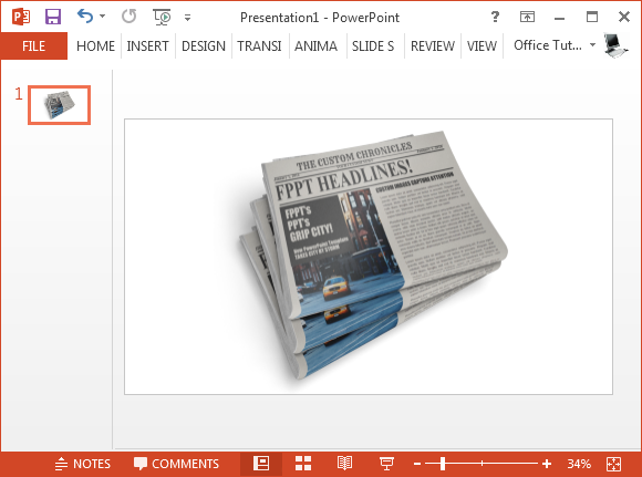 PowerPoint slide showing a stack of newspapers titled "FPPT Headlines" with city imagery and text layout.