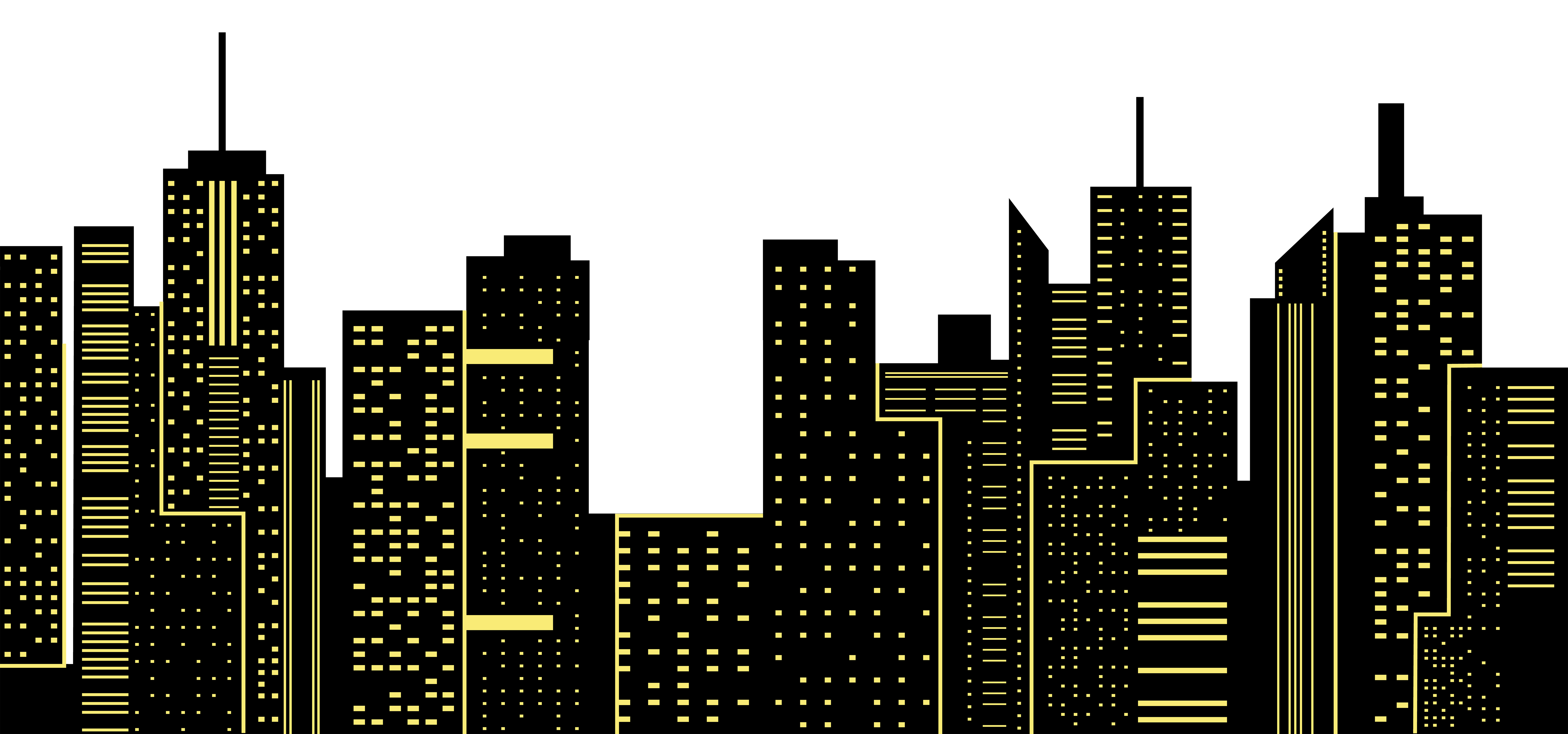 Stylized night cityscape with illuminated yellow skyscrapers against a black background, featuring geometric windows and outlines.