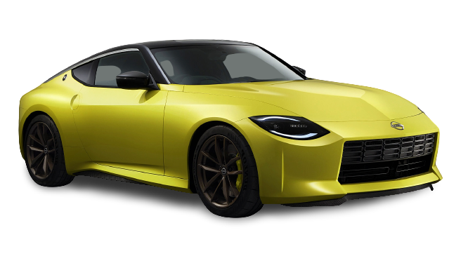 Vibrant yellow Nissan Z sports coupe with black roof, sleek LED headlights, and bronze alloy wheels on a white background.