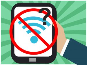 Hand holding smartphone with crossed-out Wi-Fi symbol and question mark, indicating no internet connection or connectivity issue.