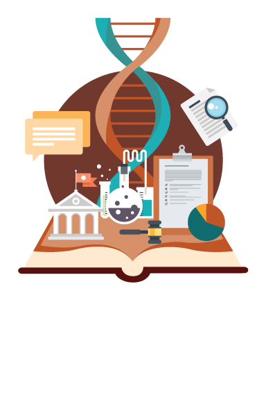Illustrated open book with DNA helix, lab equipment, courthouse, documents, and data charts symbolizing interdisciplinary research and evidence-based policy.