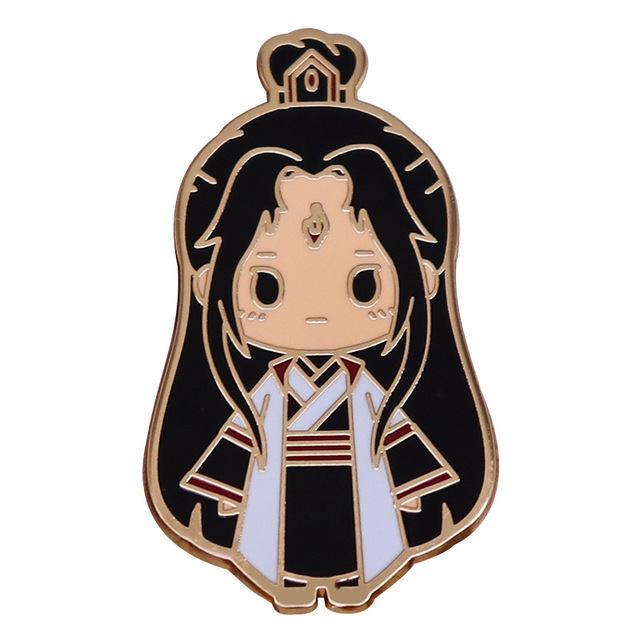 Chibi-style enamel pin of a character with long black hair, traditional robes, and a topknot hairstyle.