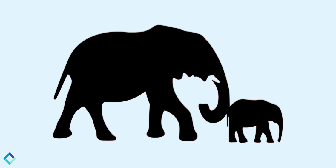 Silhouette of an adult elephant walking beside a baby elephant on a blue background.