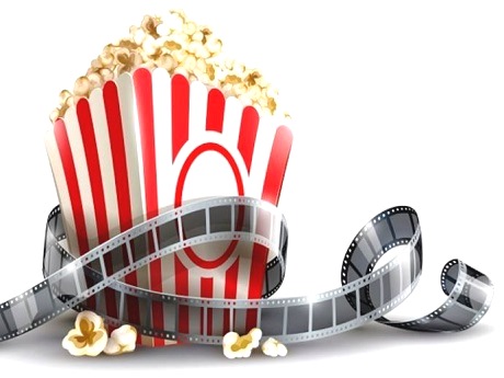 Red-and-white striped popcorn bucket overflowing with popcorn, wrapped in a film strip reel.